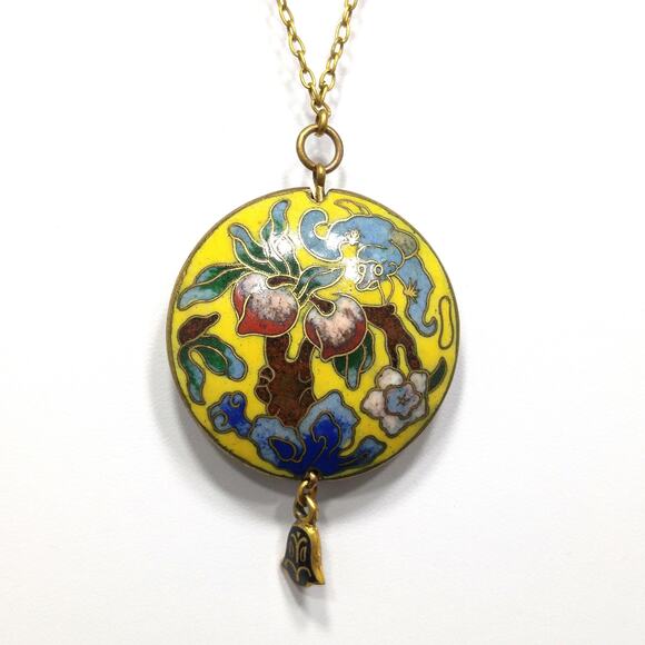 Vintage 1960s Cloisonné Yellow Enamel Puffy Pendant Necklace Floral Double Sided - Picture 6 of 10